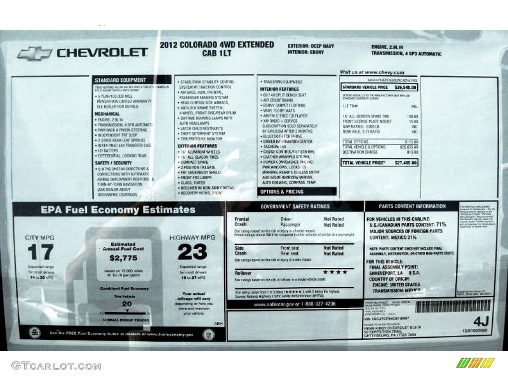 2012 Chevrolet Colorado LT Extended Cab 4x4 Window Sticker Photo #55410377