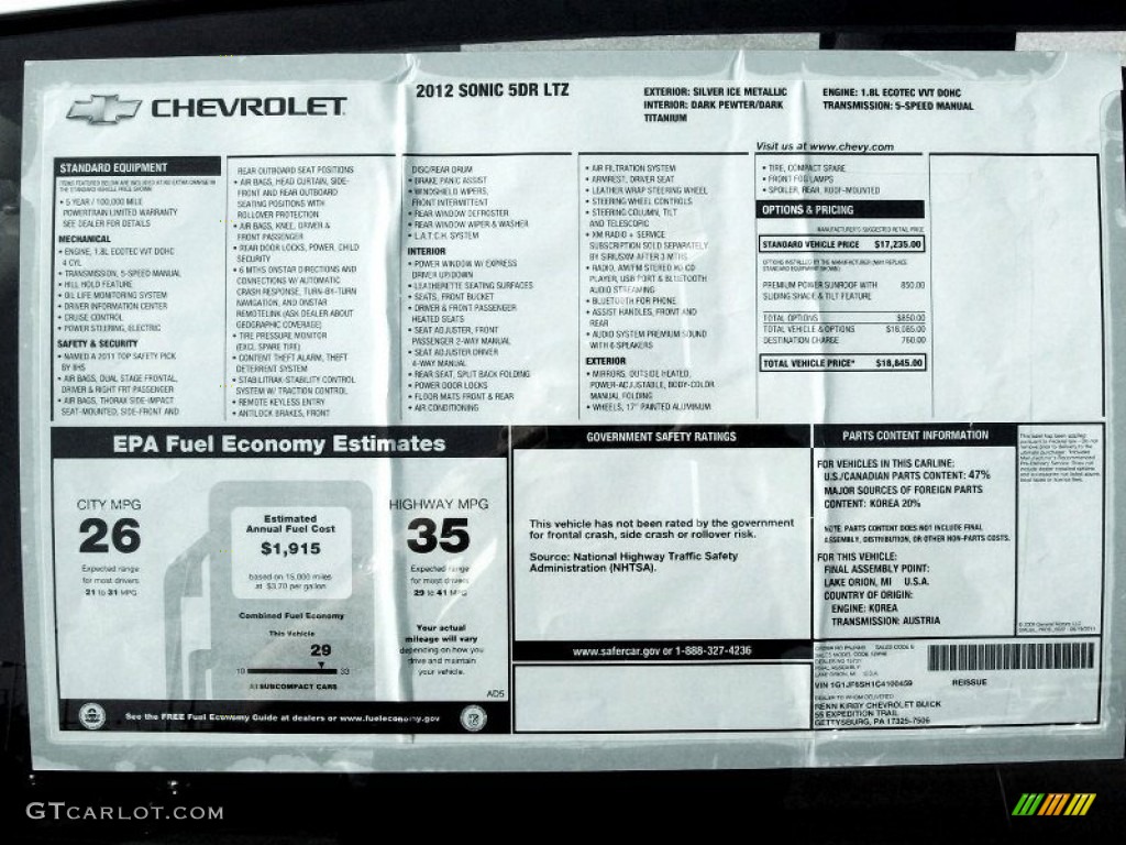 2012 Chevrolet Sonic LTZ Hatch Window Sticker Photo #55410645