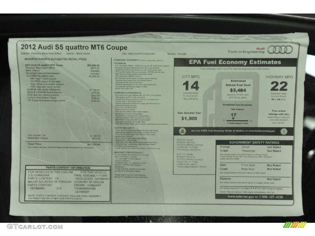2012 Audi S5 4.2 FSI quattro Coupe Window Sticker Photo #55411509