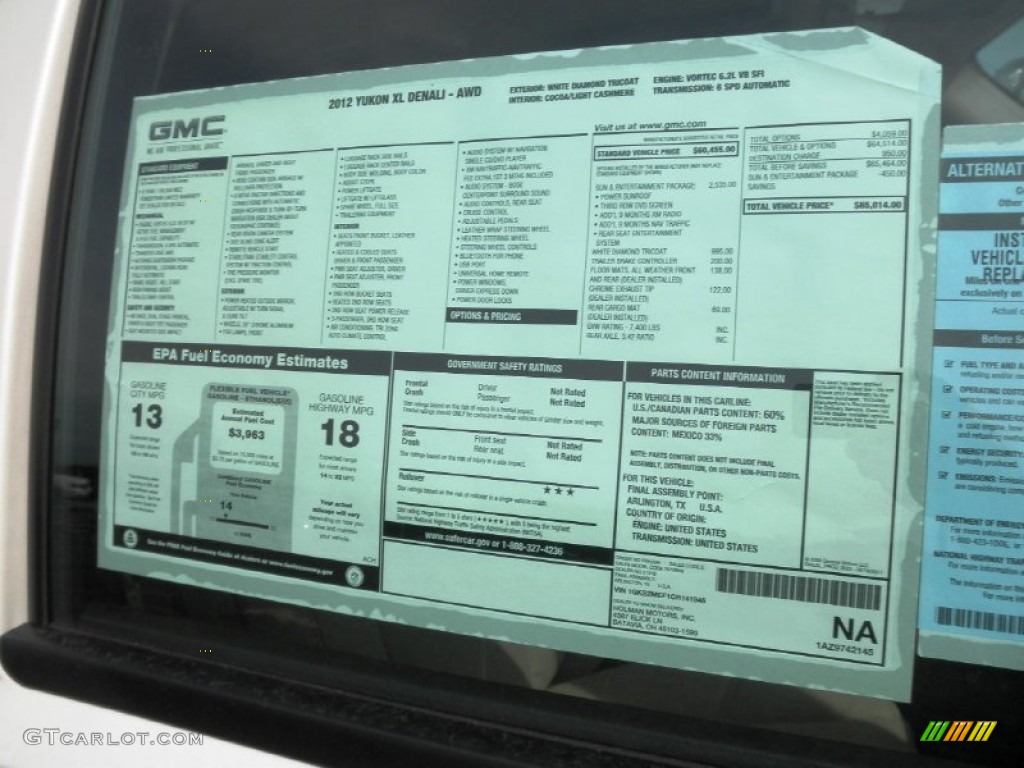 2012 GMC Yukon XL Denali AWD Window Sticker Photo #55415279