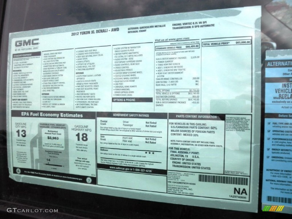 2012 GMC Yukon XL Denali AWD Window Sticker Photo #55415502