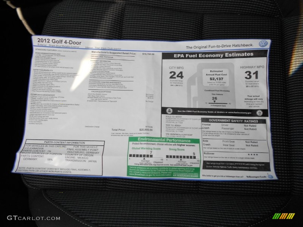 2012 Volkswagen Golf 4 Door Window Sticker Photo #55416612