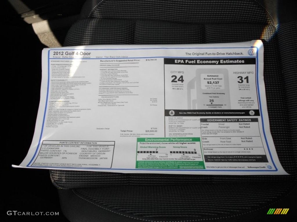 2012 Volkswagen Golf 4 Door Window Sticker Photo #55416819