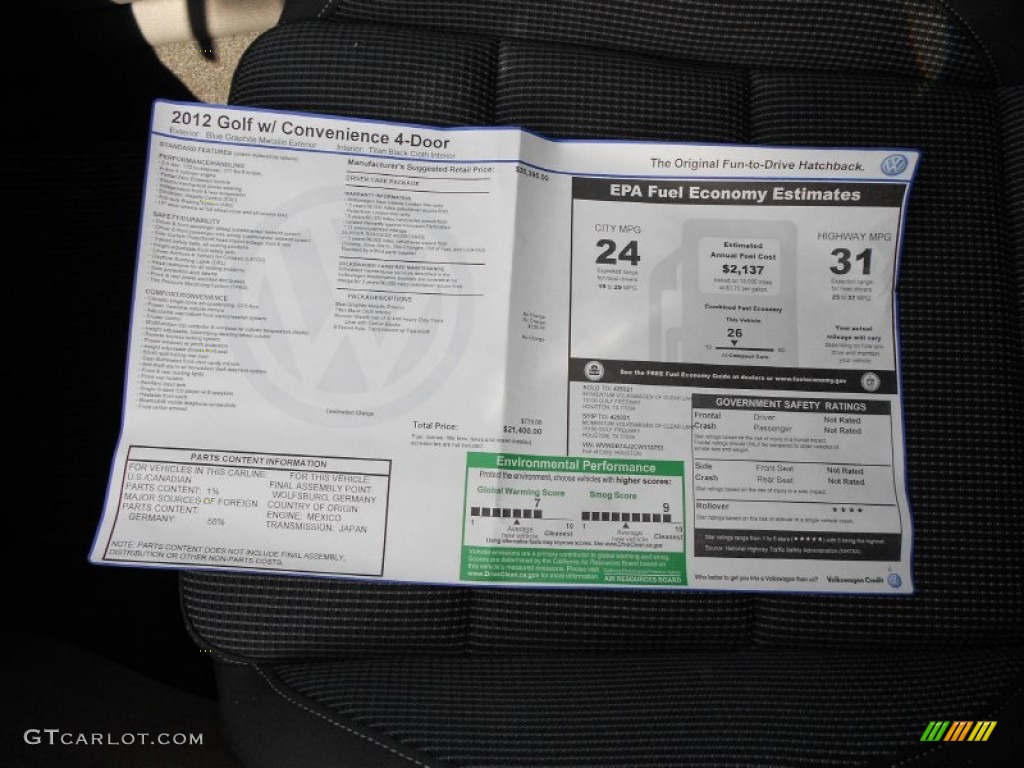 2012 Volkswagen Golf 4 Door Window Sticker Photo #55417029