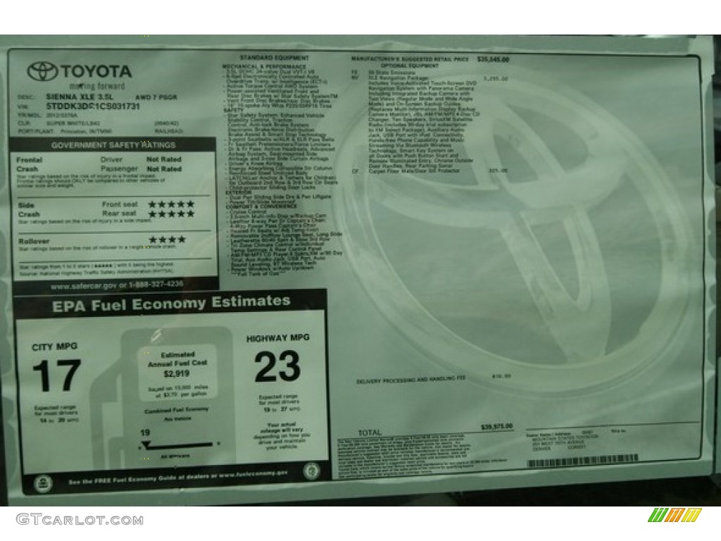 2012 Toyota Sienna XLE AWD Window Sticker Photo #55427997