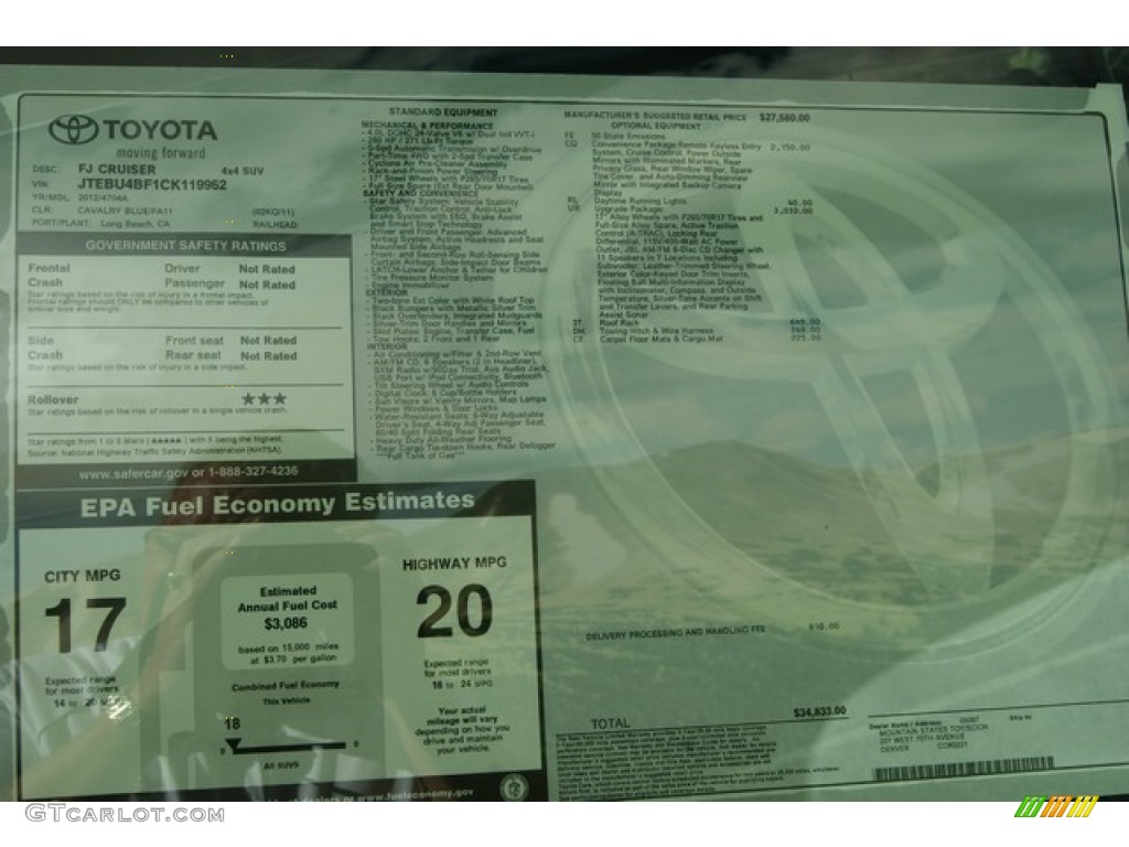 2012 Toyota FJ Cruiser 4WD Window Sticker Photo #55428138