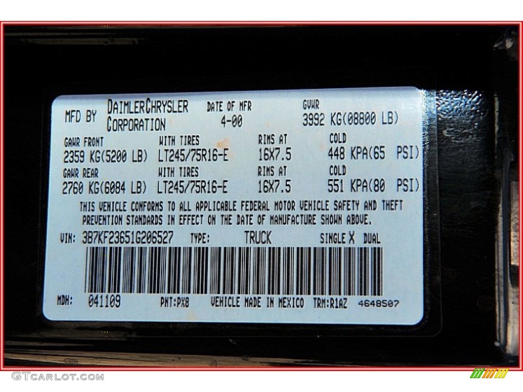 2001 Ram 2500 Color Code PX8 for Black Photo #55433610
