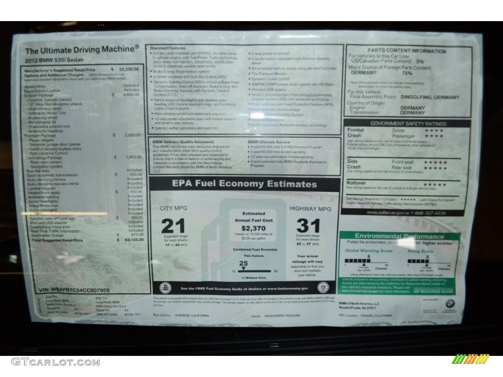 2012 BMW 5 Series 535i Sedan Window Sticker Photo #55438632