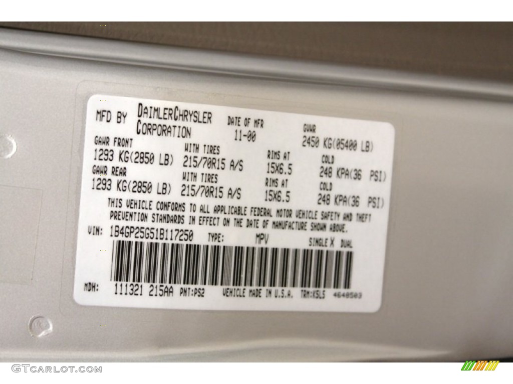 2001 Caravan Color Code PS2 for Bright Silver Metallic Photo #55443118