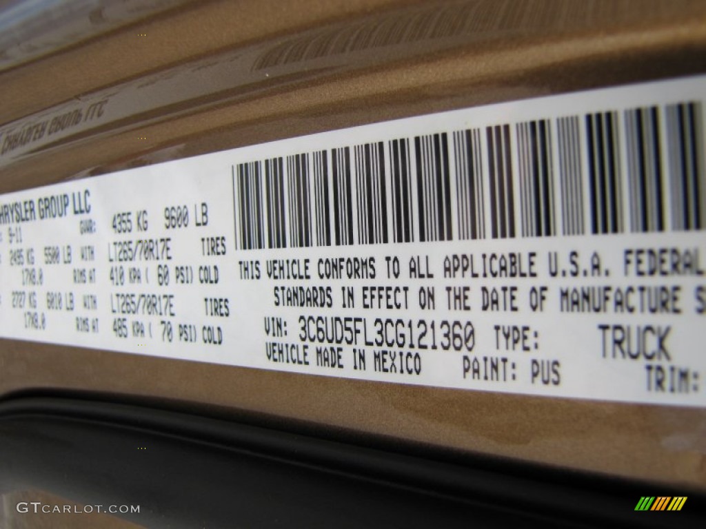 2012 Ram 2500 HD Color Code PUS for Saddle Brown Pearl Photo #55448627