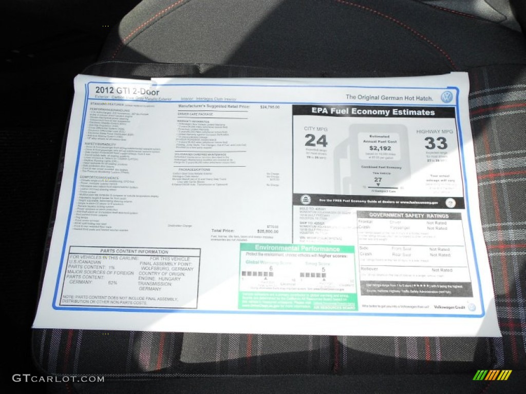 2012 Volkswagen GTI 2 Door Window Sticker Photo #55456650