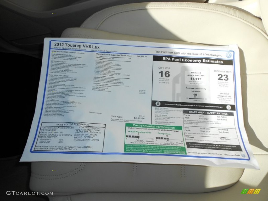 2012 Volkswagen Touareg VR6 FSI Lux 4XMotion Window Sticker Photo #55456862