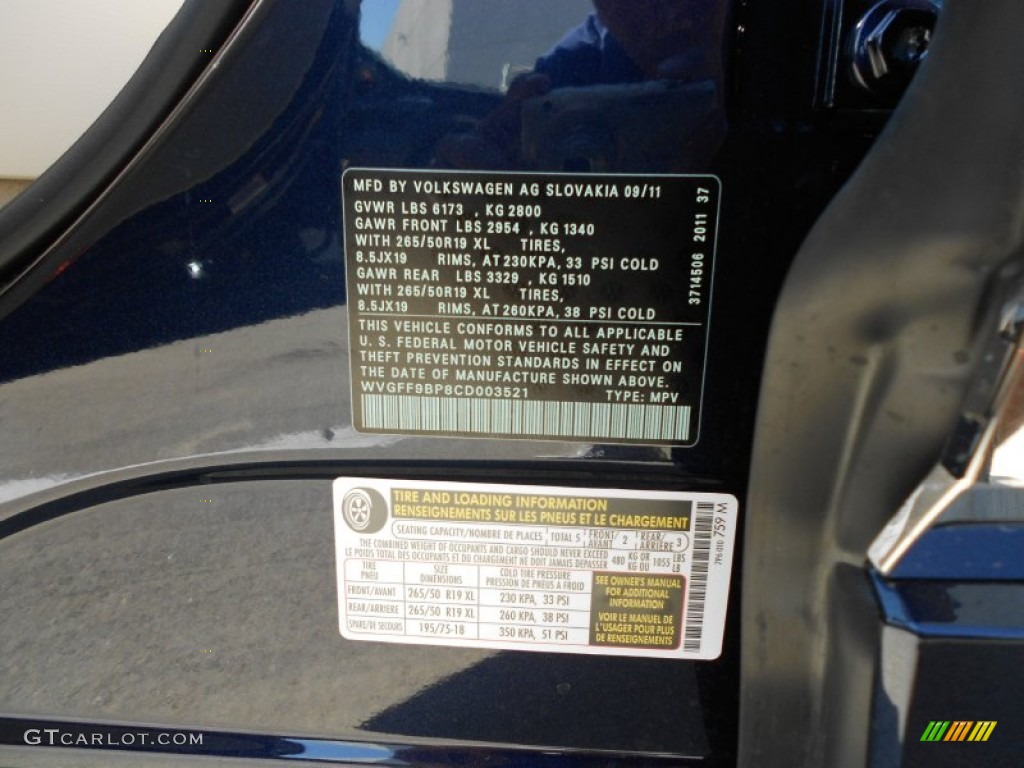2012 Volkswagen Touareg VR6 FSI Lux 4XMotion Info Tag Photo #55456871