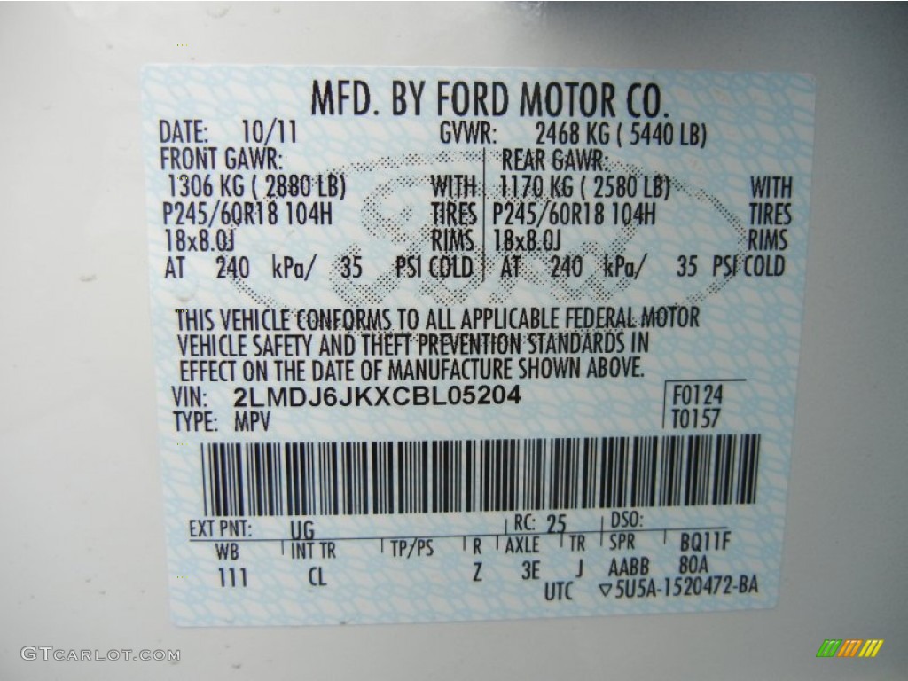 2012 MKX Color Code UG for White Platinum Metallic Tri-Coat Photo #55460939