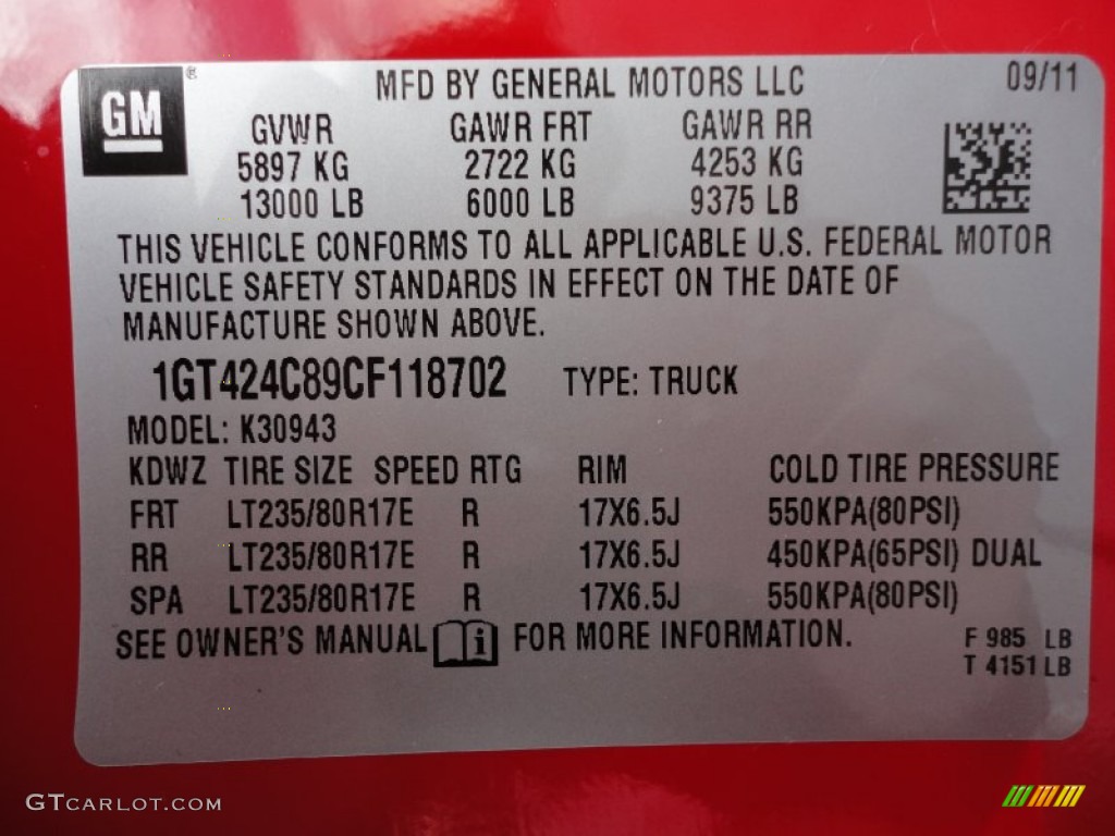 2012 GMC Sierra 3500HD SLT Crew Cab 4x4 Dually Info Tag Photo #55479365