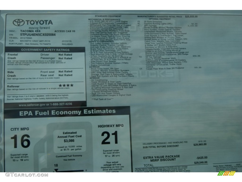 2012 Tacoma V6 SR5 Access Cab 4x4 - Magnetic Gray Mica / Graphite photo #14