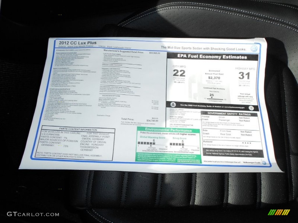2012 Volkswagen CC Lux Plus Window Sticker Photo #55504637