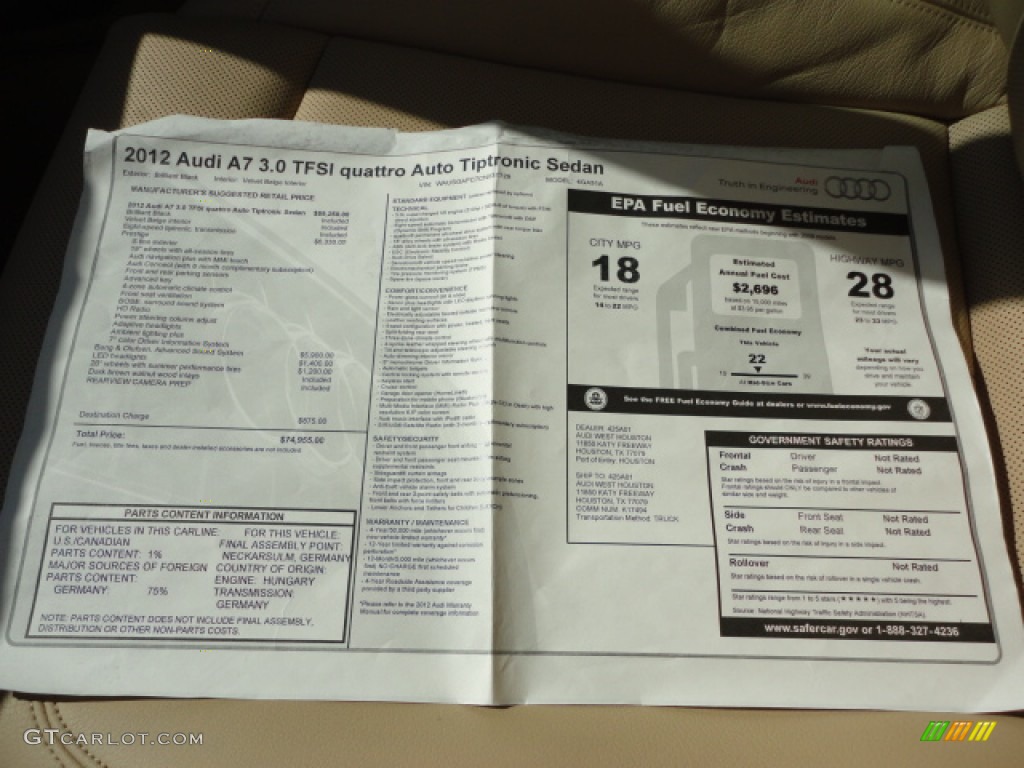 2012 Audi A7 3.0T quattro Prestige Window Sticker Photo #55519319