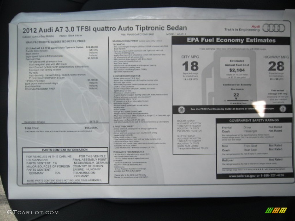 2012 Audi A7 3.0T quattro Premium Plus Window Sticker Photo #55519409