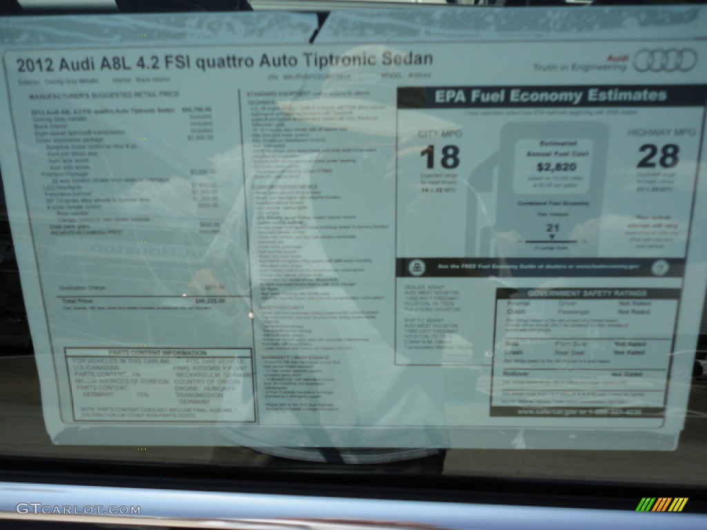2012 Audi A8 L 4.2 quattro Window Sticker Photo #55519635