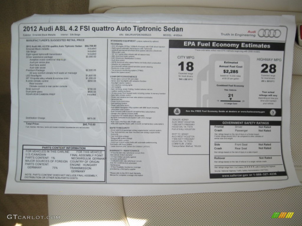 2012 Audi A8 L 4.2 quattro Window Sticker Photo #55519871