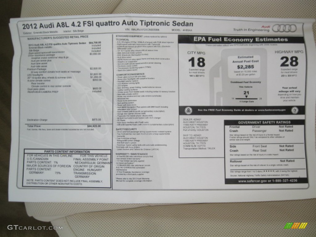 2012 Audi A8 L 4.2 quattro Window Sticker Photo #55519955
