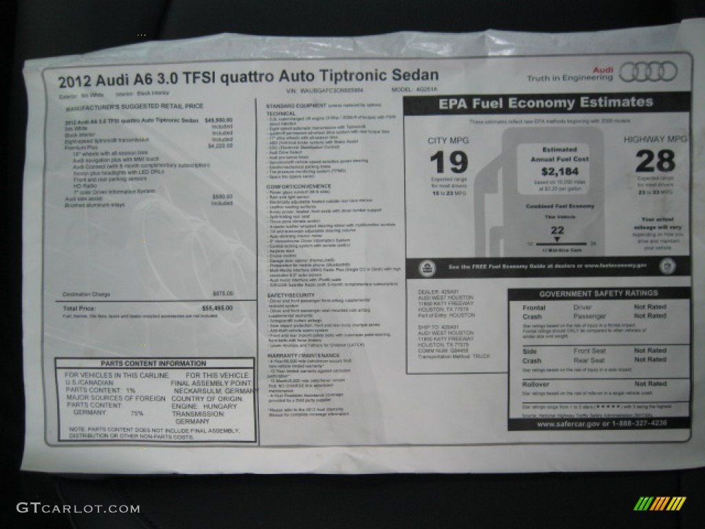 2012 Audi A6 3.0T quattro Sedan Window Sticker Photo #55520063