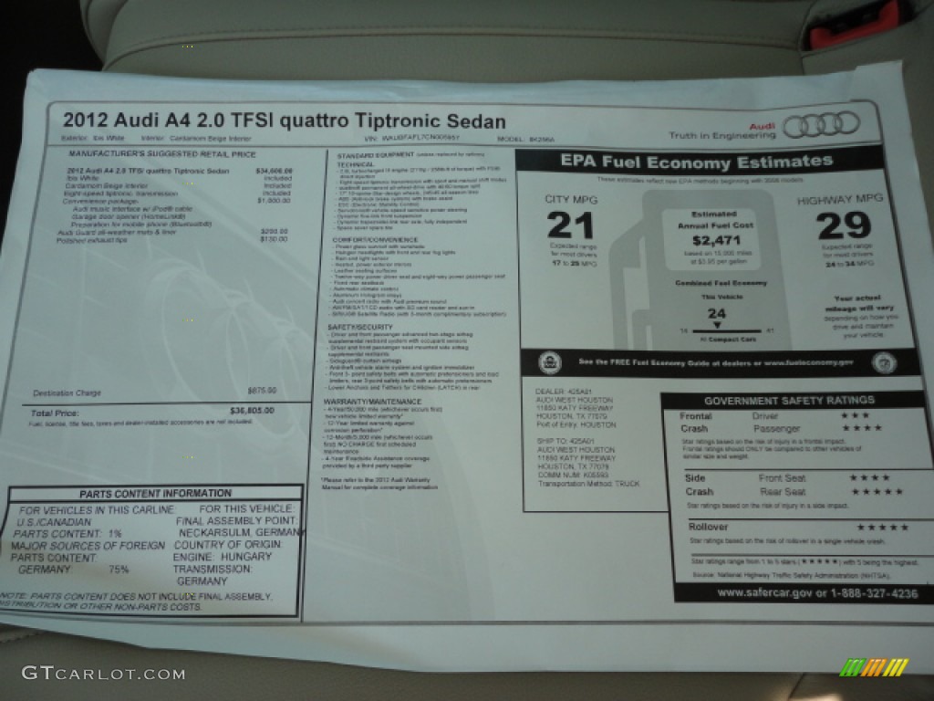 2012 Audi A4 2.0T quattro Sedan Window Sticker Photo #55520145