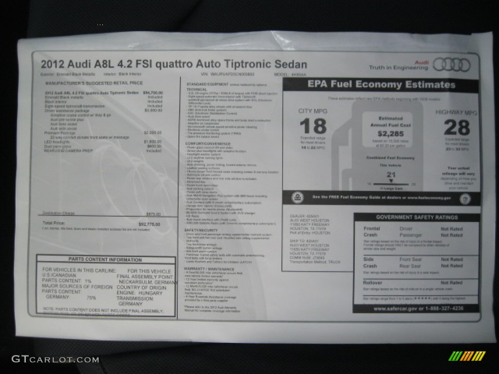 2012 Audi A8 L 4.2 quattro Window Sticker Photo #55520230