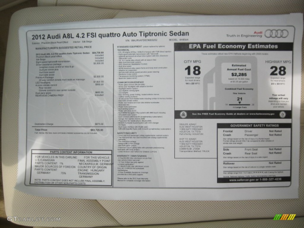 2012 Audi A8 L 4.2 quattro Window Sticker Photo #55520315