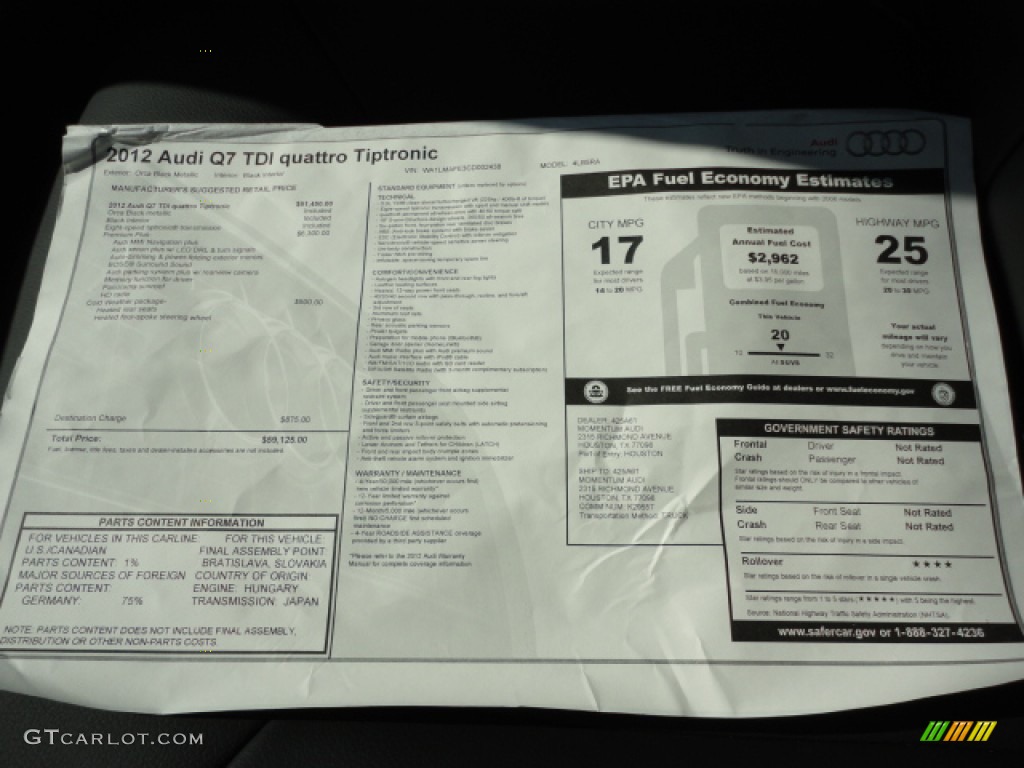 2012 Audi Q7 3.0 TDI quattro Window Sticker Photo #55520573