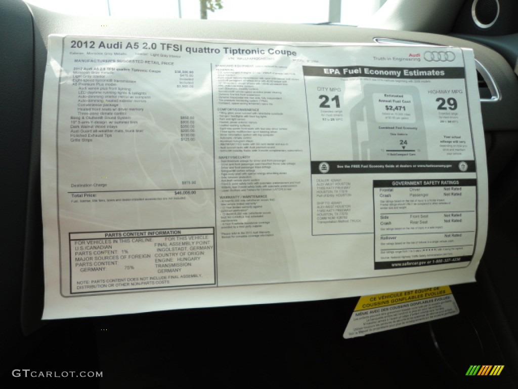 2012 Audi A5 2.0T quattro Coupe Window Sticker Photo #55521002