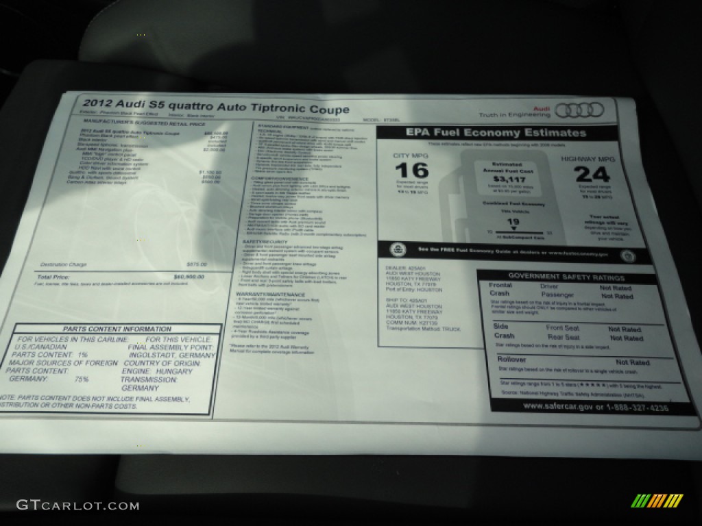 2012 Audi S5 4.2 FSI quattro Coupe Window Sticker Photo #55521086