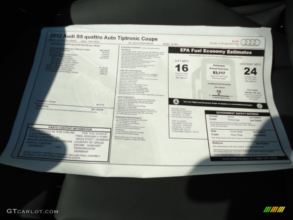 2012 Audi S5 4.2 FSI quattro Coupe Window Sticker Photo #55521179