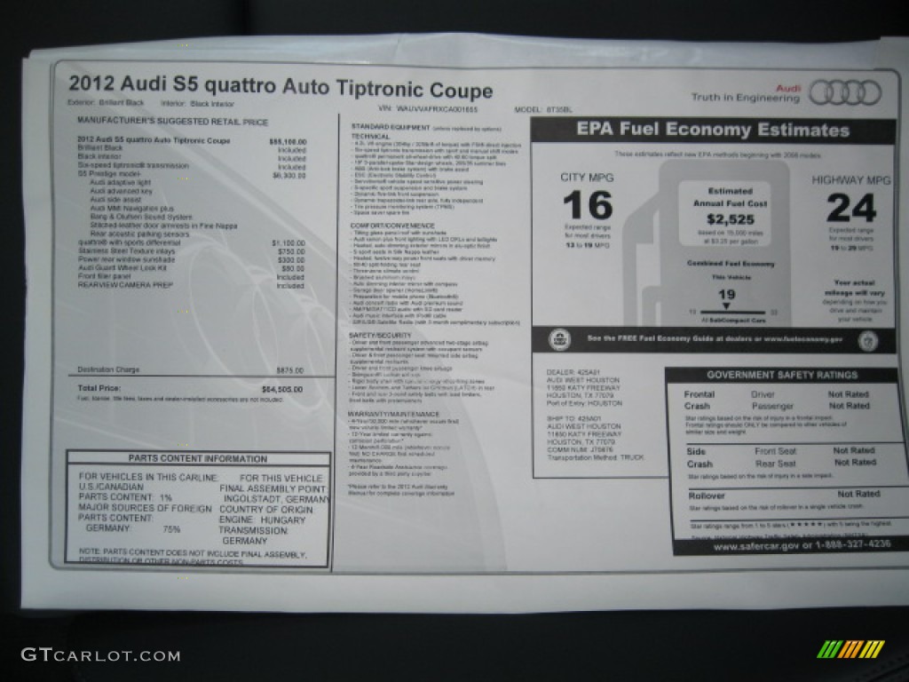 2012 Audi S5 4.2 FSI quattro Coupe Window Sticker Photo #55521581