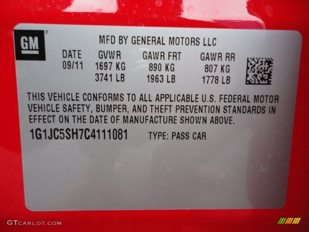 2012 Chevrolet Sonic LT Sedan Info Tag Photo #55533104