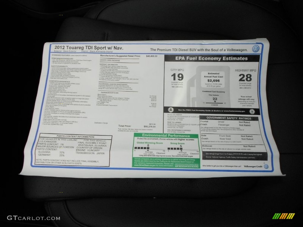 2012 Volkswagen Touareg TDI Sport 4XMotion Window Sticker Photo #55544532