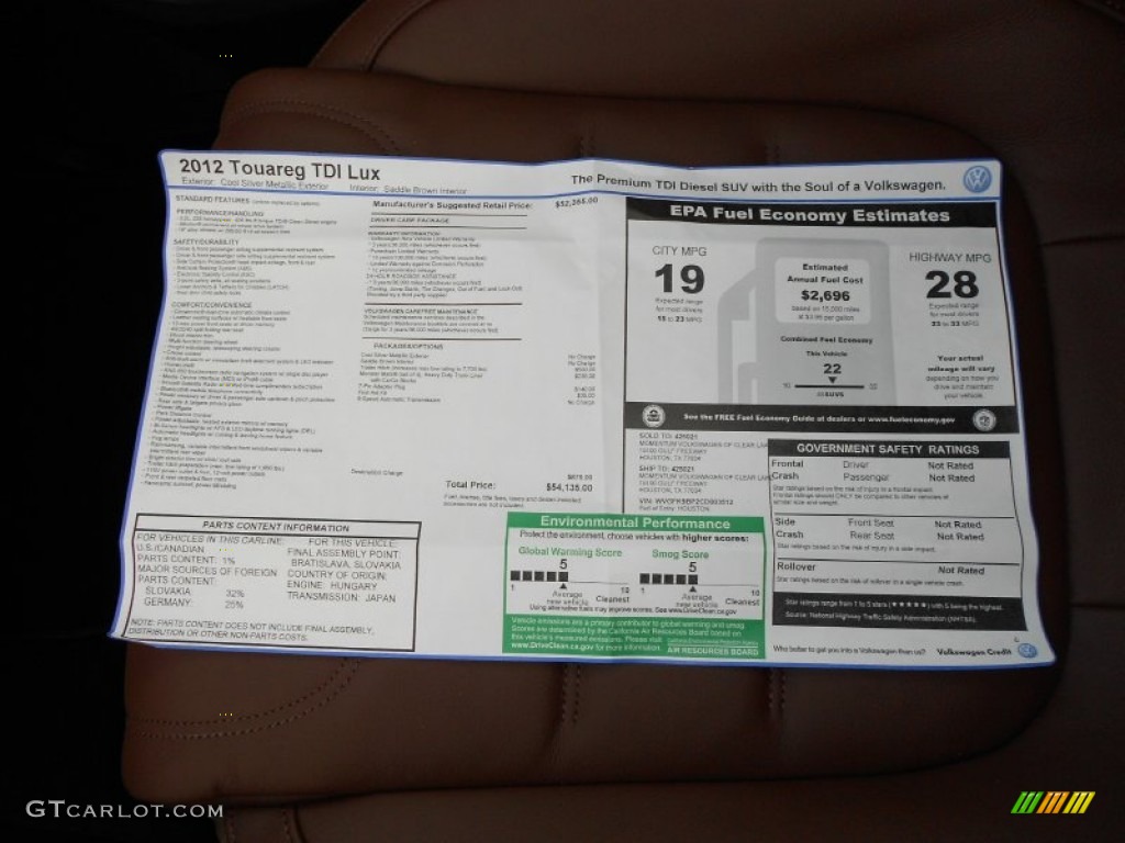 2012 Volkswagen Touareg TDI Lux 4XMotion Window Sticker Photo #55544736