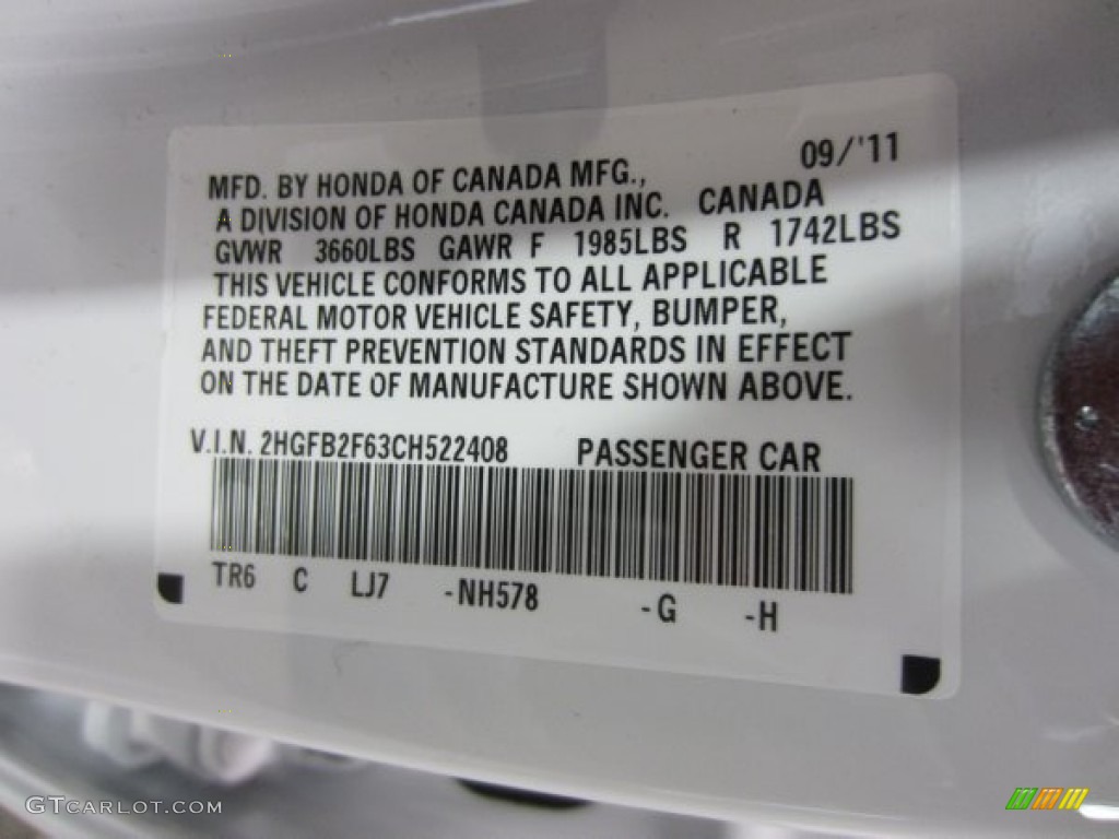 2012 Civic Color Code NH578 for Taffeta White Photo #55553913