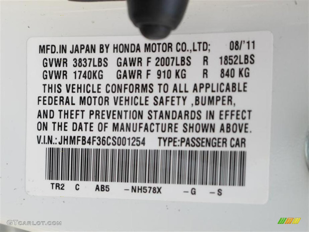 2012 Civic Color Code NH578X for Taffeta White Photo #55554879