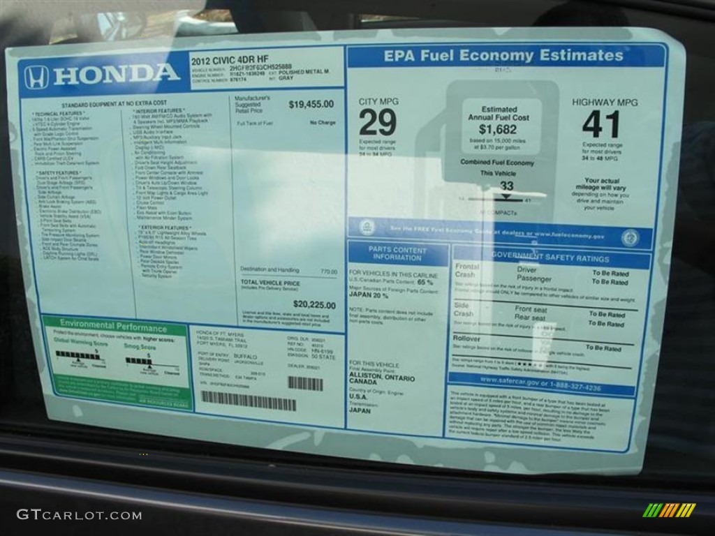 2012 Honda Civic HF Sedan Window Sticker Photo #55554969