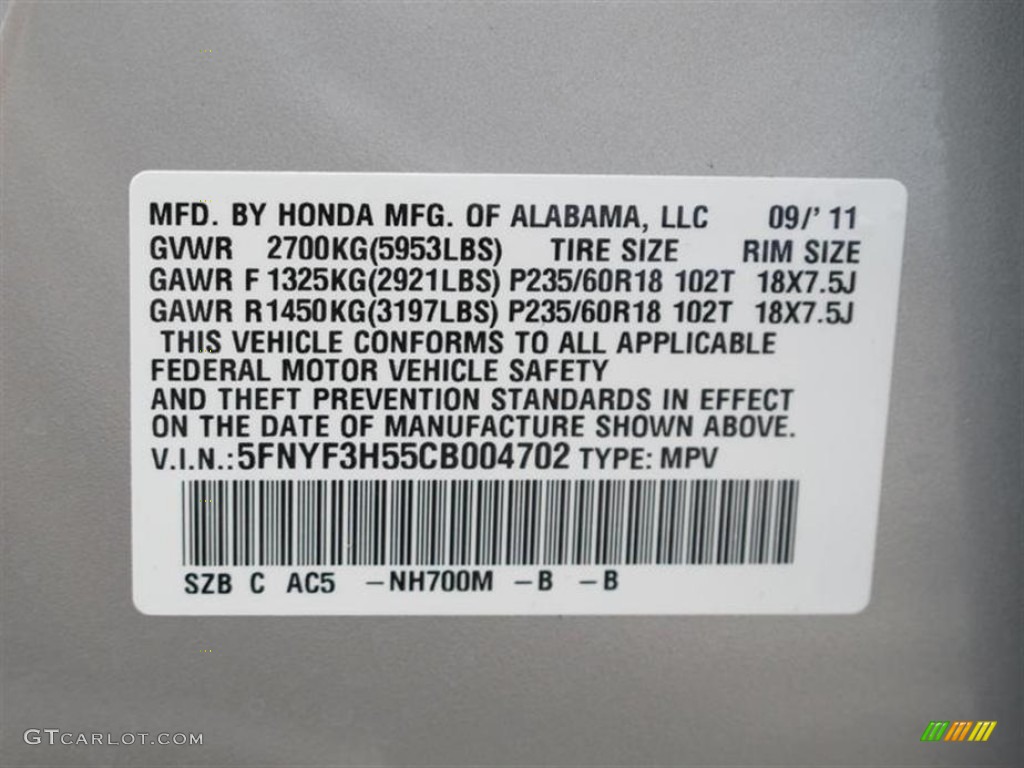 2012 Pilot Color Code NH700M for Alabaster Silver Metallic Photo #55555716