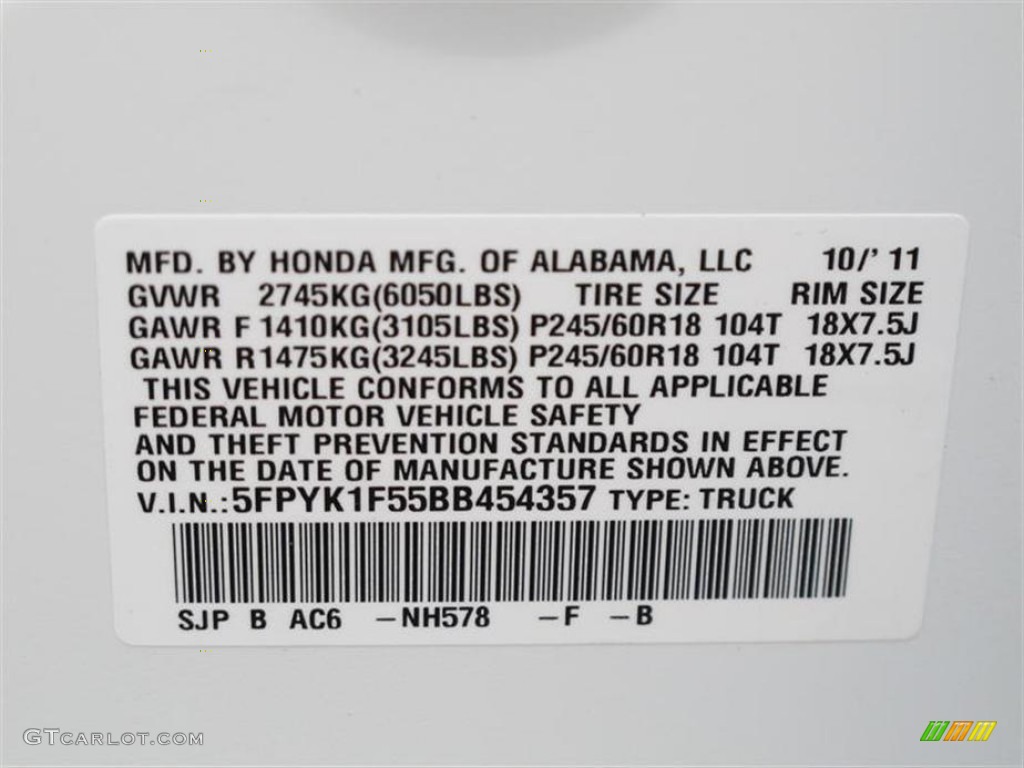 2011 Ridgeline Color Code NH578 for White Photo #55556388