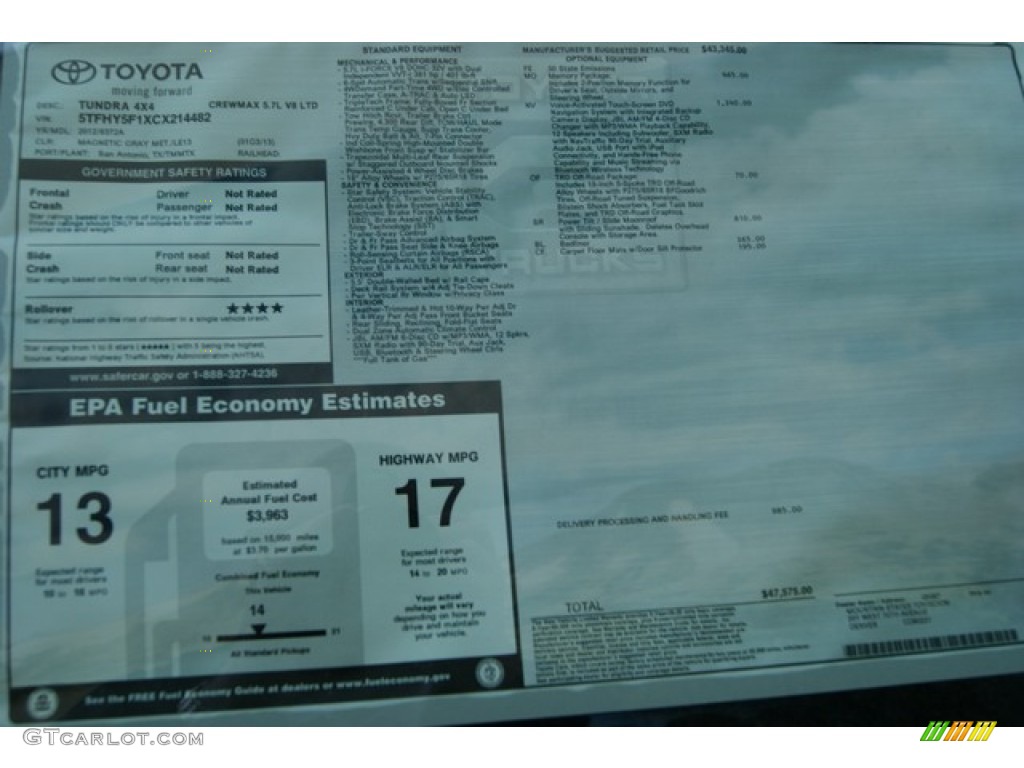 2012 Toyota Tundra Limited CrewMax 4x4 Window Sticker Photo #55566093