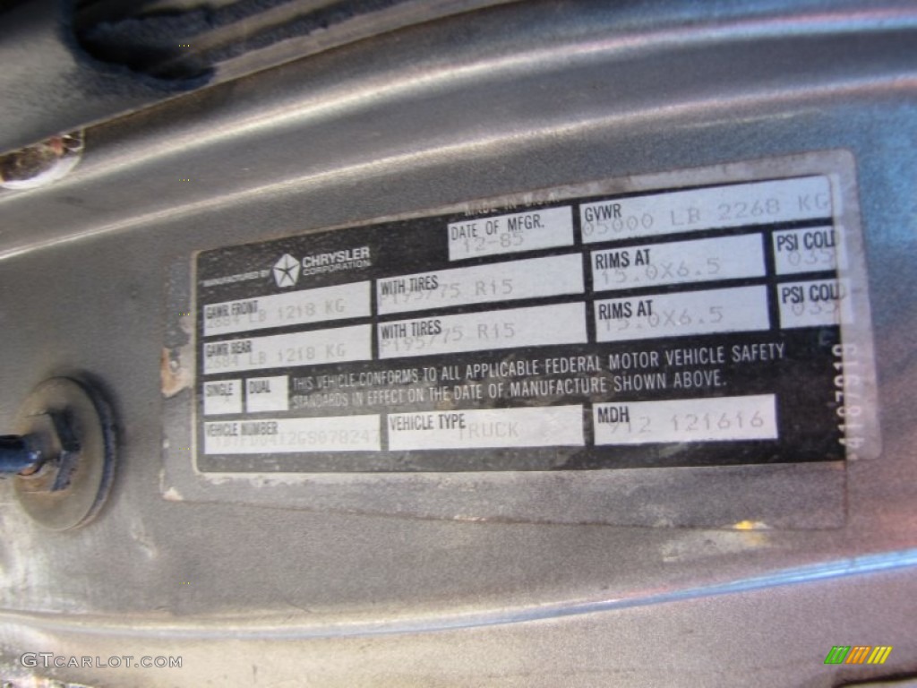 1986 Dodge Ram Truck D150 Ram Regular Cab Info Tag Photo #55566440