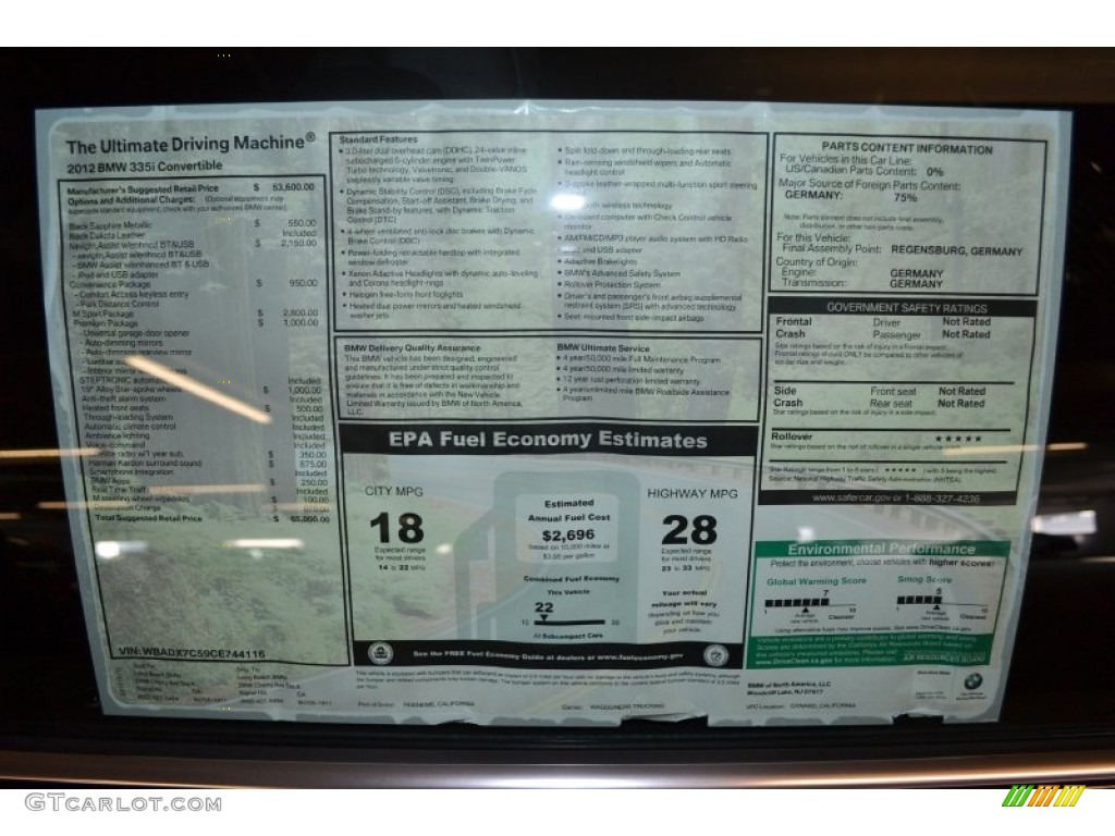 2012 BMW 3 Series 335i Convertible Window Sticker Photo #55568283