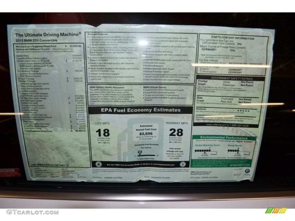 2012 BMW 3 Series 335i Convertible Window Sticker Photo #55568367