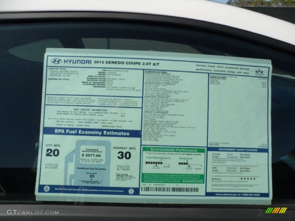 2012 Hyundai Genesis Coupe 2.0T Window Sticker Photo #55573686