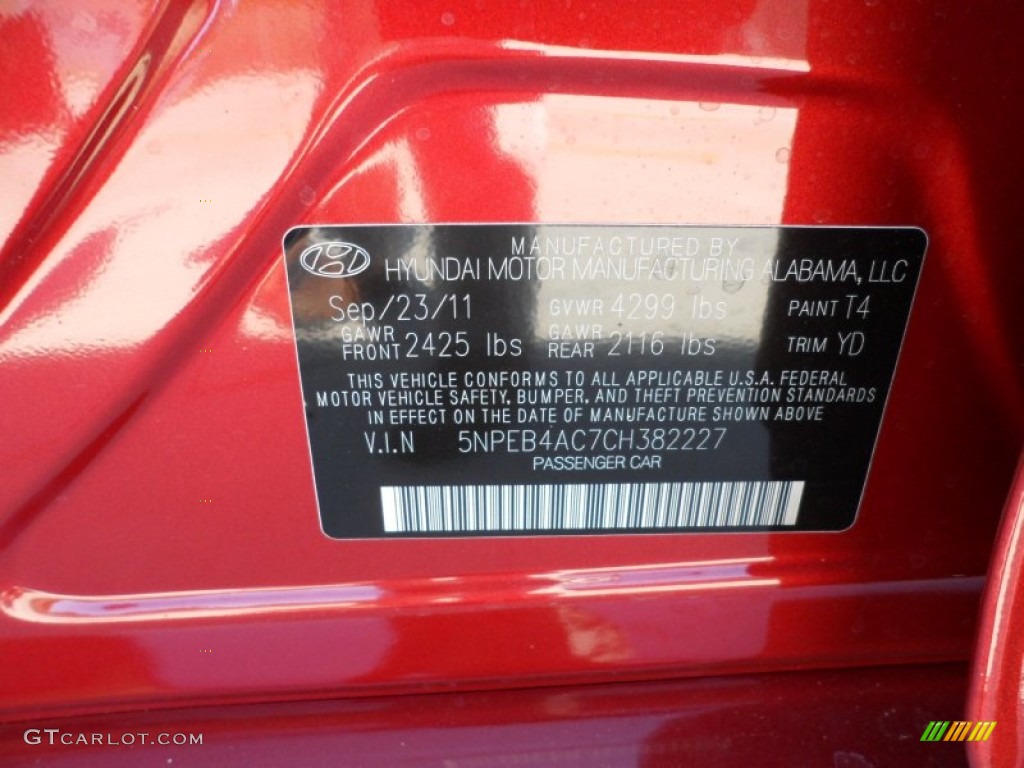 2012 Sonata Color Code T4 for Sparkling Ruby Red Photo #55575573