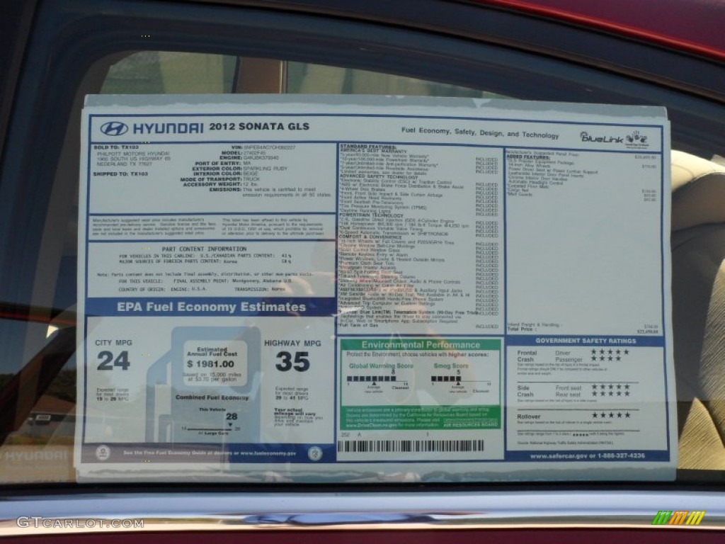 2012 Hyundai Sonata GLS Window Sticker Photo #55575582